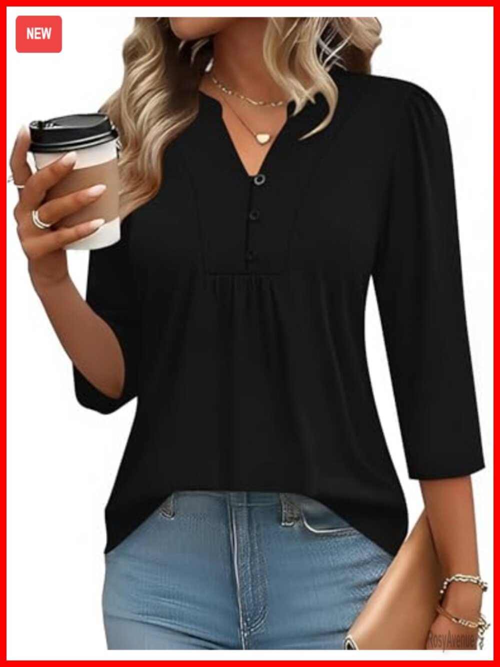 Womens 3/4 Sleeve Henley V-Neck Pleated Blouse Business Casual Top